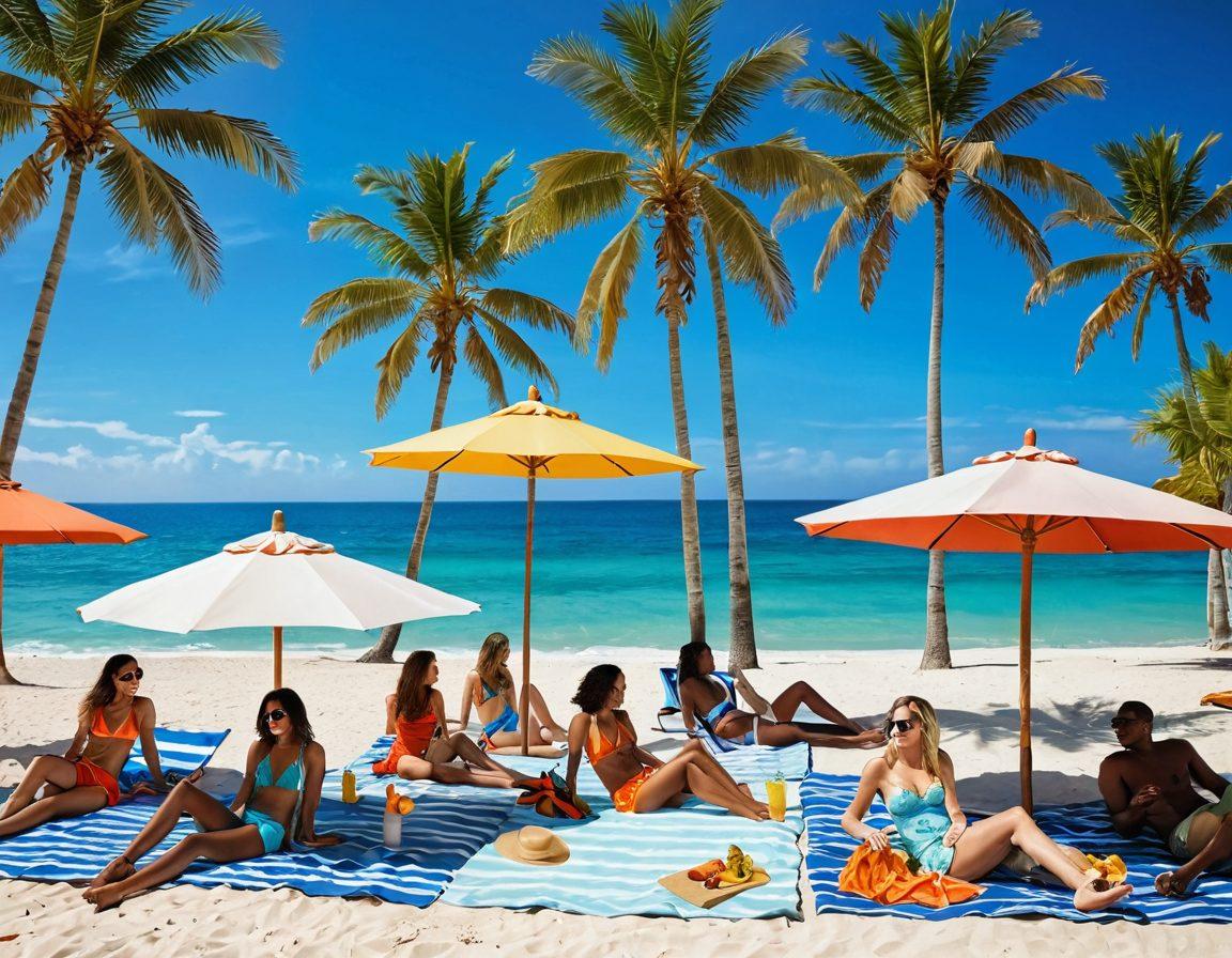 A stylish beach scene transitioning into a vibrant resort backdrop, featuring a diverse group of fashionable individuals in trendy summer outfits, lounging on beach towels and sipping cocktails. Bright beach umbrellas and palm trees frame the scene, with a clear blue sky above. The image should evoke a sense of relaxation and luxury, capturing the essence of summer fashion. super-realistic. vibrant colors. high detail.