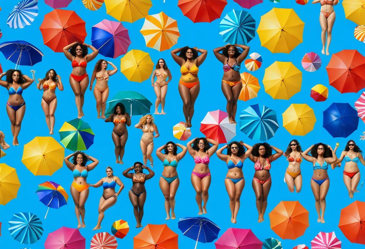 A vibrant beach scene showcasing diverse individuals of all body types confidently wearing the latest trendy swimwear styles. Include colorful beach umbrellas, bright sun, and crystal clear waves in the background, emphasizing body positivity and self-love. Capture the joy and freedom of summer fun. super-realistic. vibrant colors. bright background.